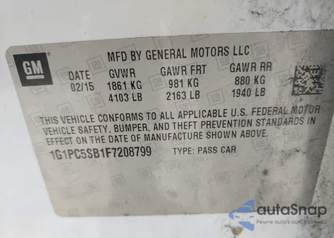 2015 Chevrolet Cruze 1Lt Auto z USA, uszkodzony, nr VIN 1G1PC5SB1F7208799